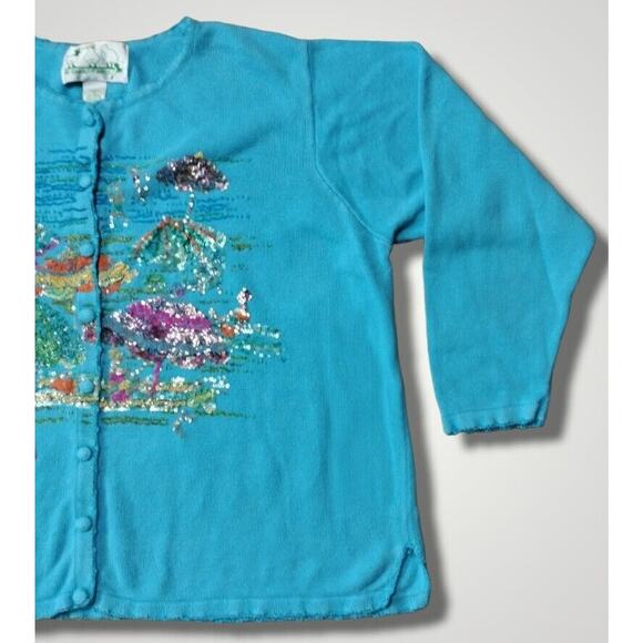 Quacker Factory Sequined Beach Motif Cardigan Blue Size 2X - Picture 3 of 8